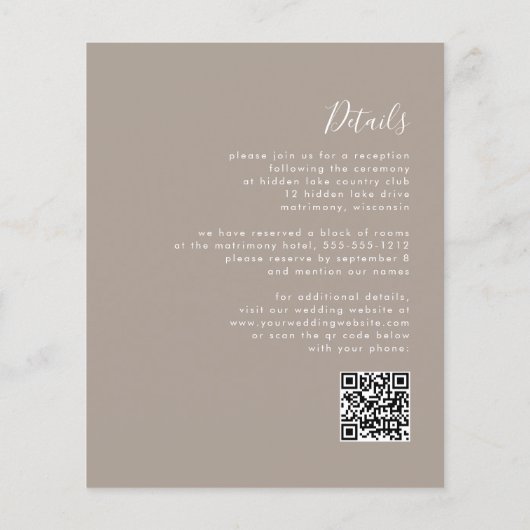 Budget Taupe Script QR Code Wedding Einladung (Rückseite)