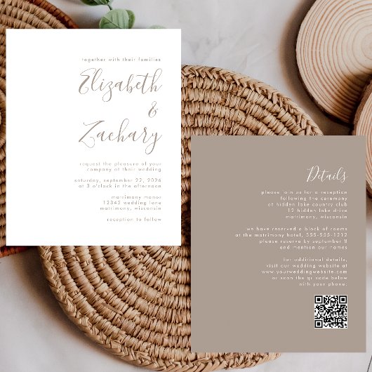 Budget Taupe Script QR Code Wedding Einladung