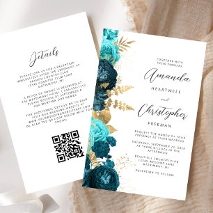 Budget Teal Aqua Gold Blumen QR-Code Hochzeit