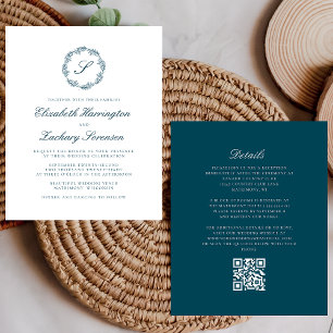Budget Teal Blau Monogramm Kranz QR Code Hochzeit