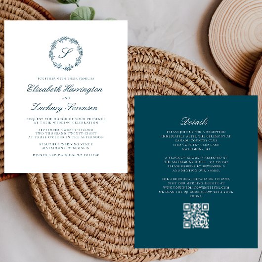 Budget Teal Blau Monogramm Kranz QR Code Hochzeit