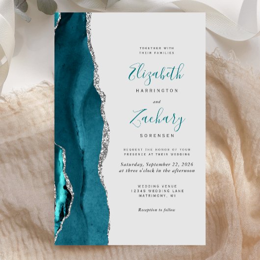Budget Teal Blue Silver Agate Gray Wedding Invite