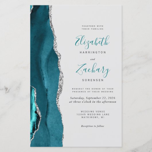 Budget Teal Blue Silver Agate Gray Wedding Invite (Vorderseite)