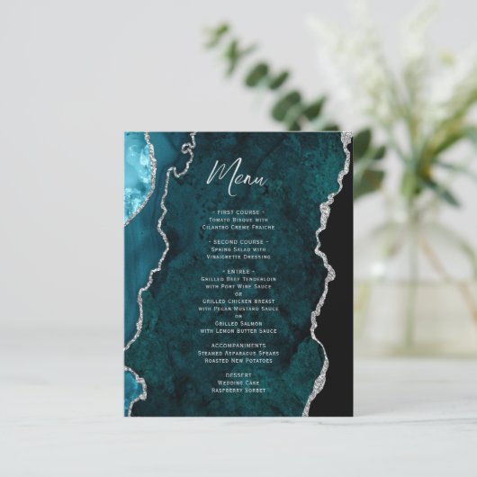 Budget Teal Blue Silver Agate Wedding Menu (Stehend Vorderseite)