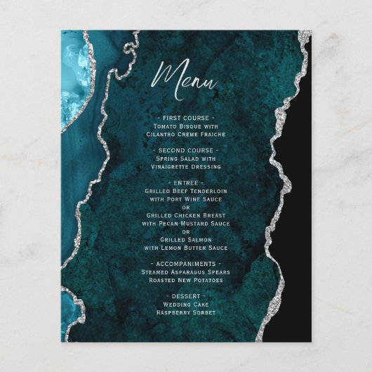 Budget Teal Blue Silver Agate Wedding Menu (Vorderseite)