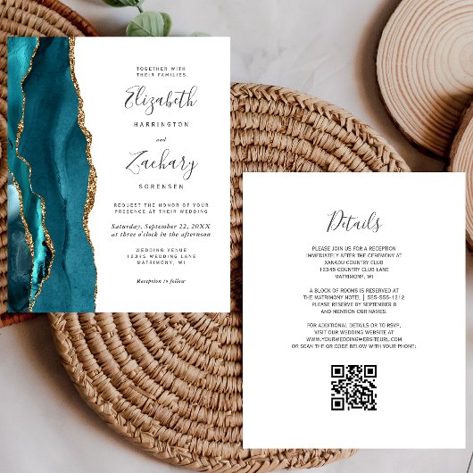 Budget Teal Gold QR-Code Hochzeits-Einladung