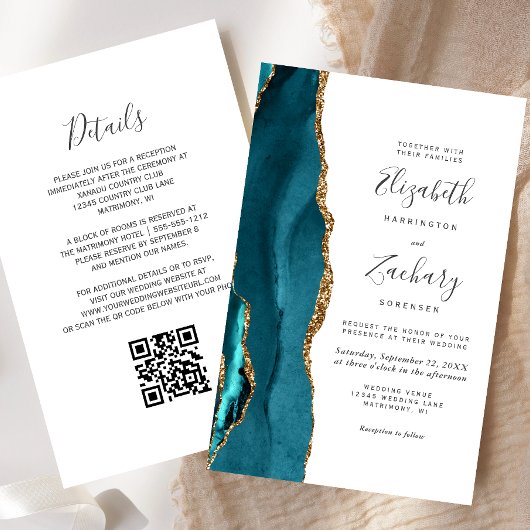 Budget Teal Gold QR-Code Hochzeitseinladung