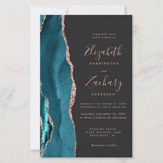 Budget Teal Rose Gold Agate Dark Wedding Invite (Vorderseite)