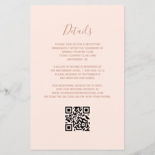 Budget Teal Rose Gold Blush QR Code Wedding Invite (Rückseite)
