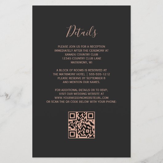 Budget Teal Rose Gold Dark QR Code Wedding Invite (Rückseite)