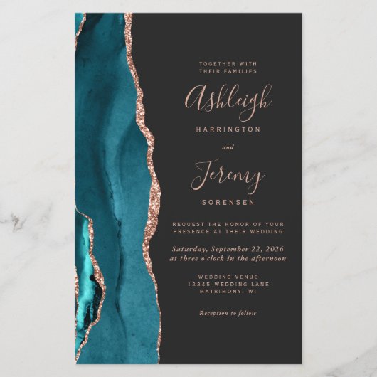 Budget Teal Rose Gold Dark QR Code Wedding Invite (Vorderseite)