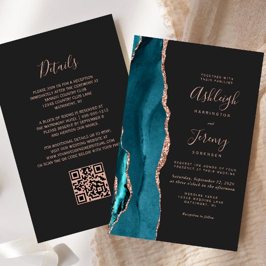 Budget Teal Rose Gold Dark QR Code Wedding Invite