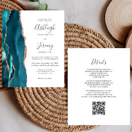 Budget Teal Rose Gold QR Code Wedding Invitation