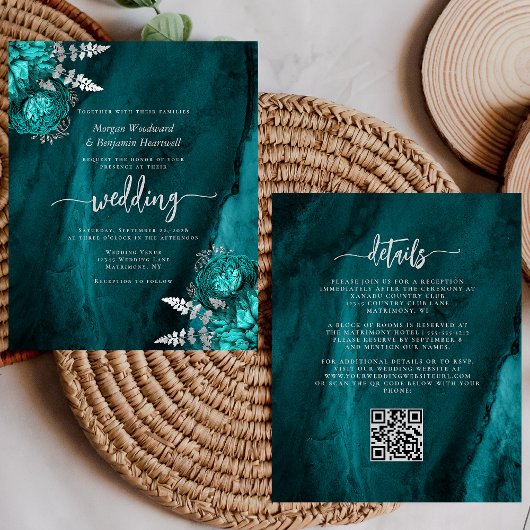 Budget Teal Silber Blumen QR Code Hochzeits Einlad