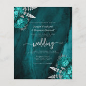 Budget Teal Silber Blumen QR Code Hochzeits Einlad (Vorderseite)