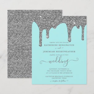 Budget Teal Silber Glitter Tropfen Hochzeitseinlad