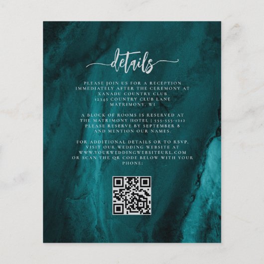 Budget Teal Silver Floral QR Code Wedding Invite (Rückseite)