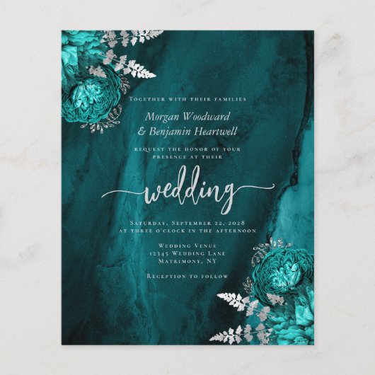 Budget Teal Silver Floral QR Code Wedding Invite (Vorderseite)