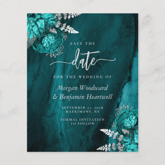 Budget Teal Silver Floral Wedding Save the Date (Vorderseite)