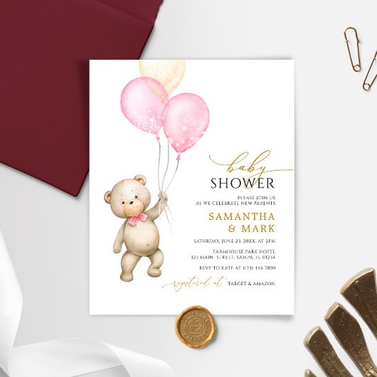 Budget Teddy Bear & Balloon Baby Dusche Einladung
