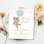 Budget Teddy Bear Boy Baby Dusche Einladung<br><div class="desc">Suchen Sie eine niedliche Babydusche? Karo das können wir frühzeitig warten Blue Boy Baby Dusche Einladung. Es verfügt über einen niedlichen Teddybär in Aquarellfarbe mit einem blauen Ballon, der von Club Magique gemalt wurde. Es hat einen subtilen goldenen Glitzer auf der Vorderseite und ein goldenes Glitzer Punktmuster auf der Rückseite....</div>