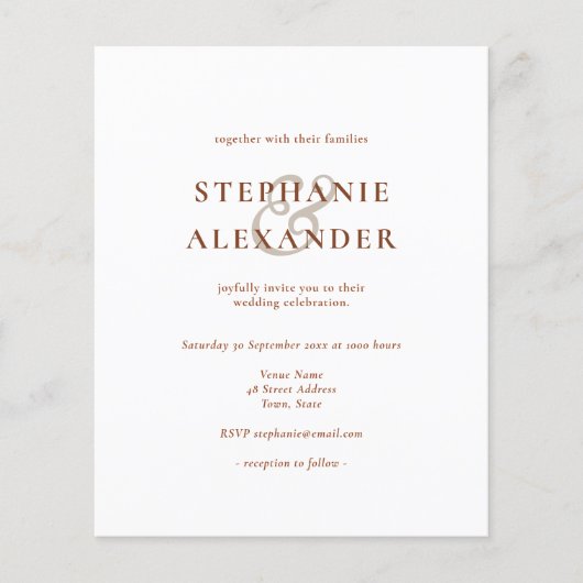 Budget Terracotta Einladung zur Hochzeit von Text (Vorderseite)