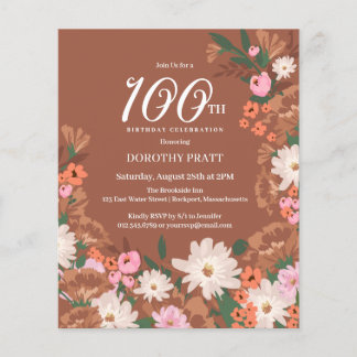 Budget Terracotta Floral 100. Geburtstag Einladung