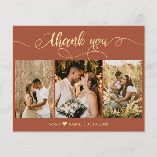 Budget Terracotta Gold Script Foto Hochzeit (Vorderseite)