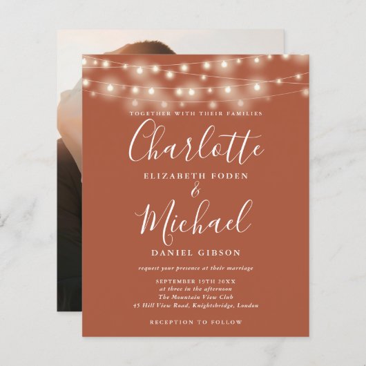 Budget Terracotta Lights Foto Hochzeit Einladung (Vorne/Hinten)