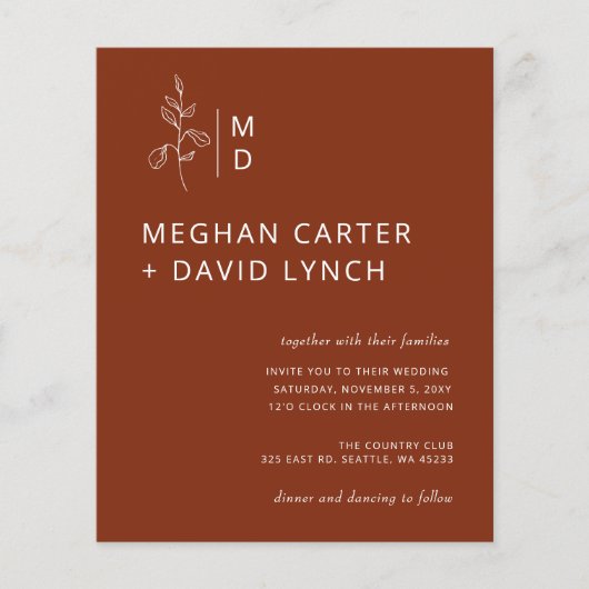 Budget Terracotta Monogram Wedding Einladung (Vorderseite)