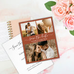 Budget Terracotta Script-Foto Save the Date<br><div class="desc">Budget elegante Drehbuch moderne Terrakotta Rost verbrannte orange 3 Foto Collage Hochzeit speichern das Datum Ankündigung personalisiert günstigen günstigen Low-Budget dünnen Karte. Chic minimalistisches Design-Template verfügt über drei (3) Paar Foto und elegante kursiv Schrift Schrift "Save the Date" Text. Wenn Sie Hilfe oder passende Artikel benötigen, kontaktieren Sie mich bitte....</div>