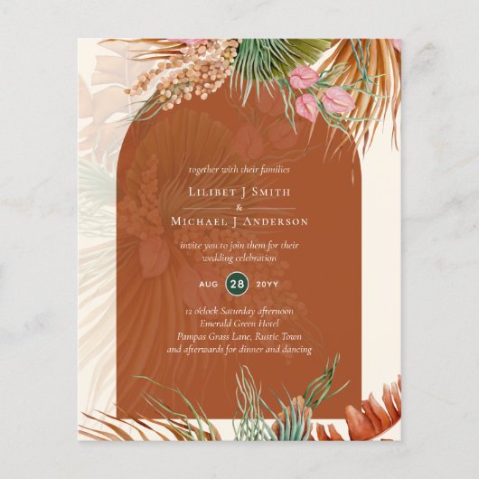 BUDGET Terracotta Tropical Pampas Grass Wedding Flyer (Vorne)