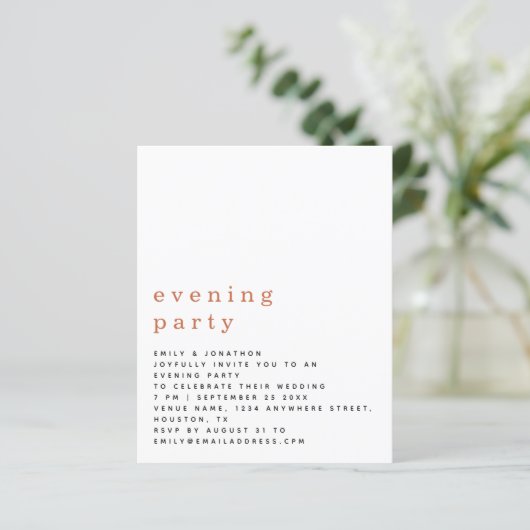 BUDGET Terracotta Wedding Abend Party Einladung (Stehend Vorderseite)