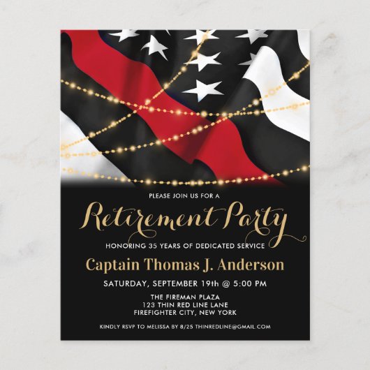 Budget Thin Red Line Feuerwehrruhestand Einladung (Vorderseite)