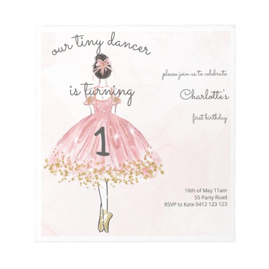 BUDGET Tiny Dancer Pink Ballett Einladung Notizblock (Vorderseite)