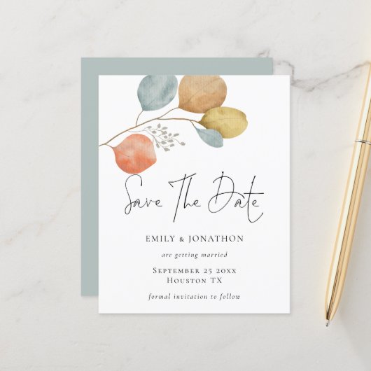 Budget Trendy Watercolor-Blätter Save the Date (Vorderseite/Rückseite Beispiel)