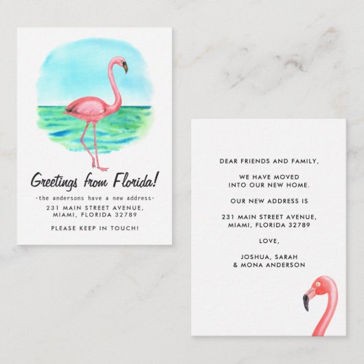 Budget Tropical Flamingo Moved New Address Moving Mitteilungskarte (Vorne/Hinten)
