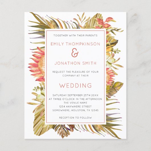 Budget Tropical Foliage Florals Hochzeitsempfehlun (Vorderseite)