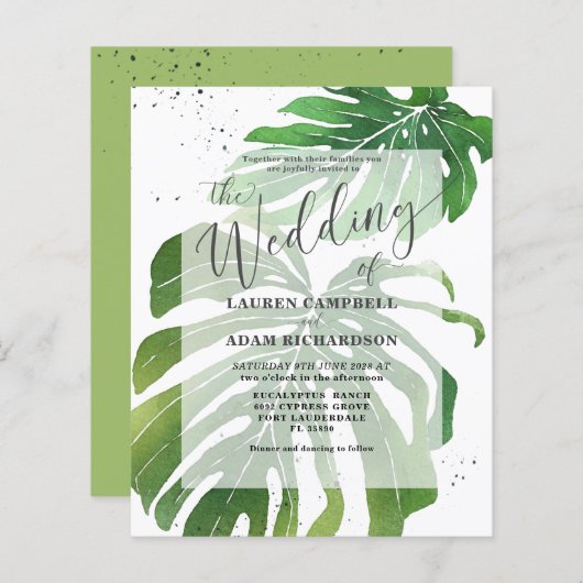 Budget Tropical Foliage Green Wedding Einladung (Vorne/Hinten)