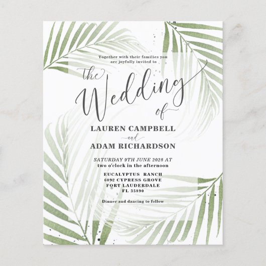 Budget Tropical Foliage Green Wedding Einladung (Vorderseite)