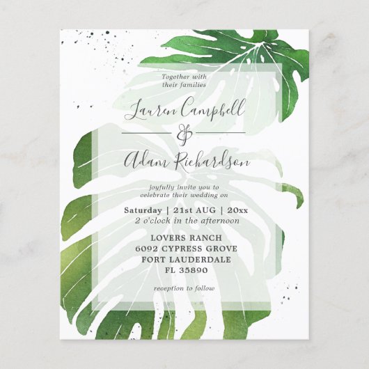 Budget Tropical Foliage Green Wedding Einladung (Vorderseite)