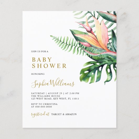 Budget Tropical Greenery Baby Shower Invitation (Vorderseite)