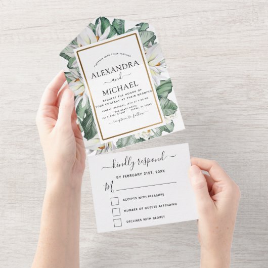 Budget Tropical Magnolia Floral Wedding RSVP All In One Einladung (Abreißen)