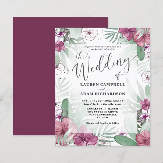 Budget Tropical Maroon & Green Wedding Einladung (Vorne/Hinten)