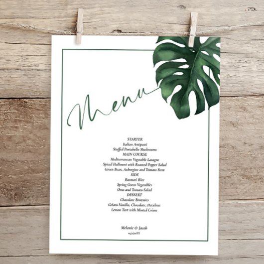 Budget Tropical Monstera Leaf Wedding Menu Flyer