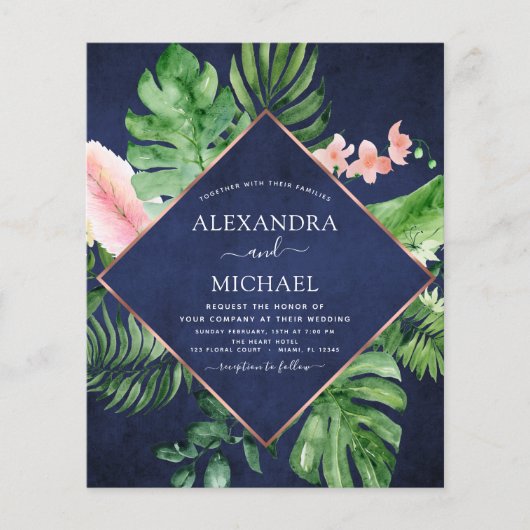 Budget Tropical Navy Blue Geometric Wedding Flyer (Vorne)