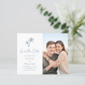 Budget Tropical Palm DustyBlue Foto Save the Date (Stehend Vorderseite)