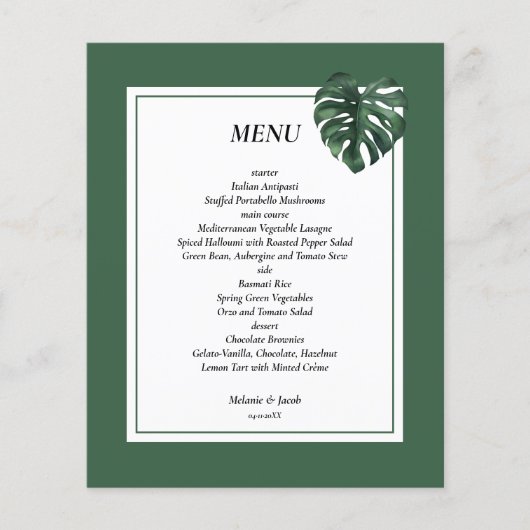 Budget Tropical Palm Leaf Hochzeitsmenü Flyer (Vorne)