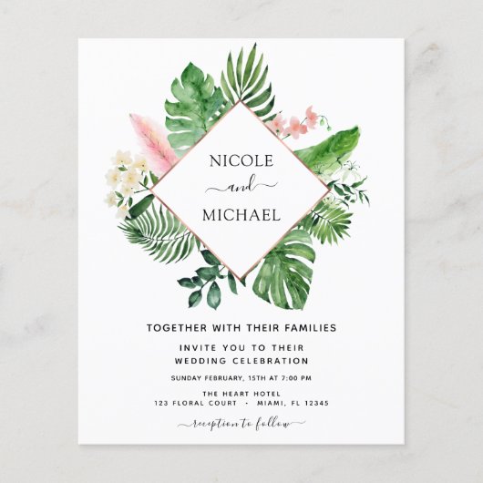 Budget Tropical Palm Watercolor Geometric Wedding (Vorderseite)
