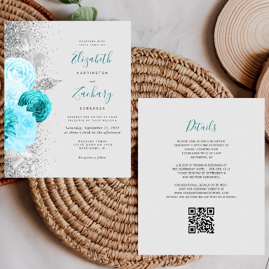 Budget Türkis Blumen Silber QR-Code Hochzeit